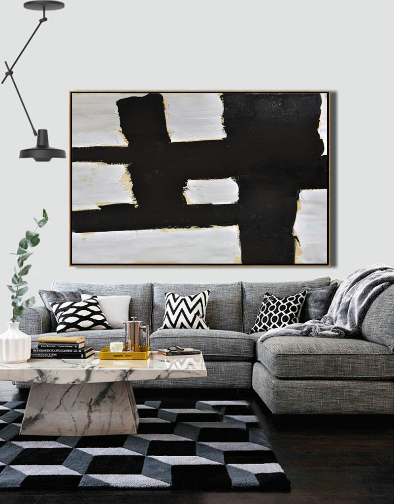 Original Art Acrylic Painting,Horizontal Palette Knife Minimal Canvas Art Painting Black White Beige - Original Abstract Oil Paintings